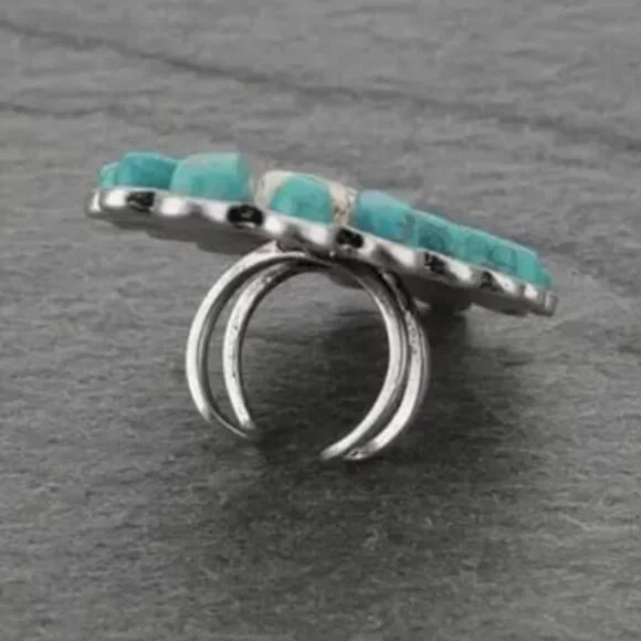 Flower White and Turquoise Statement Resizable Ring - Picture 3 of 3